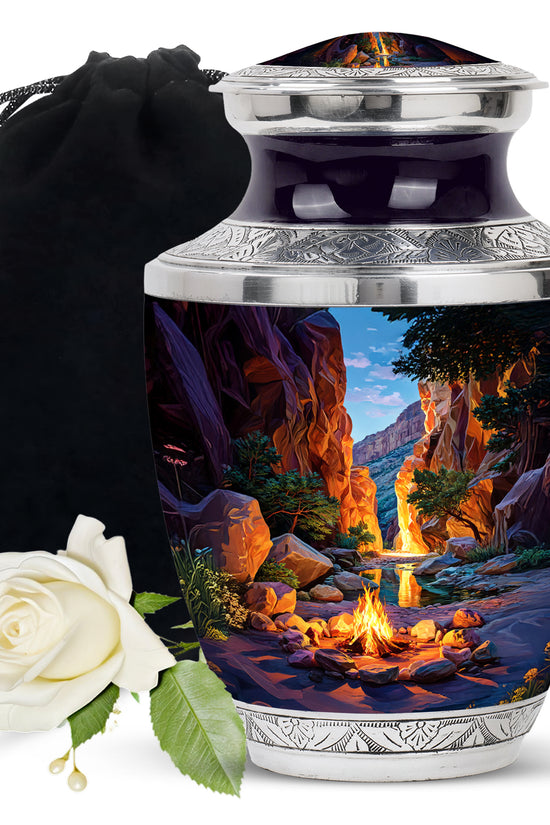 Celestial Blue Campfire Cremation Urn side profile showing urn shape - modern art-inspired campfire motif on sleek aluminum - full-size 10 inch 200 cubic inch adult cremation urn