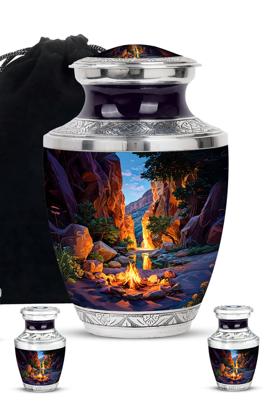 Serene Blue Campfire Cremation Urn lifestyle display on memorial shelf - artistic campfire interpretation with creative detail - memorial set with one large and four small urns