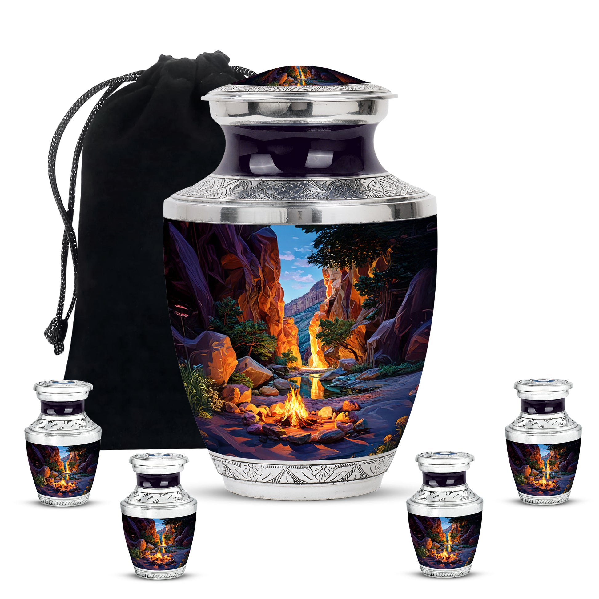 Serene Blue Campfire Cremation Urn lifestyle display on memorial shelf - artistic campfire interpretation with creative detail - memorial set with one large and four small urns