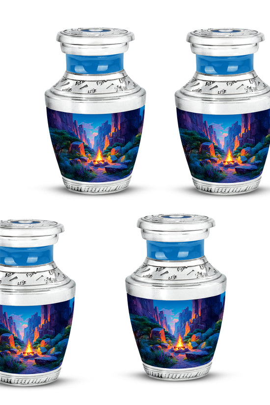 Navy Blue Campfire Cremation Urn back view with polished surface - contemporary campfire design with modern artistic flair - 10 inch aluminum urn for cremated remains