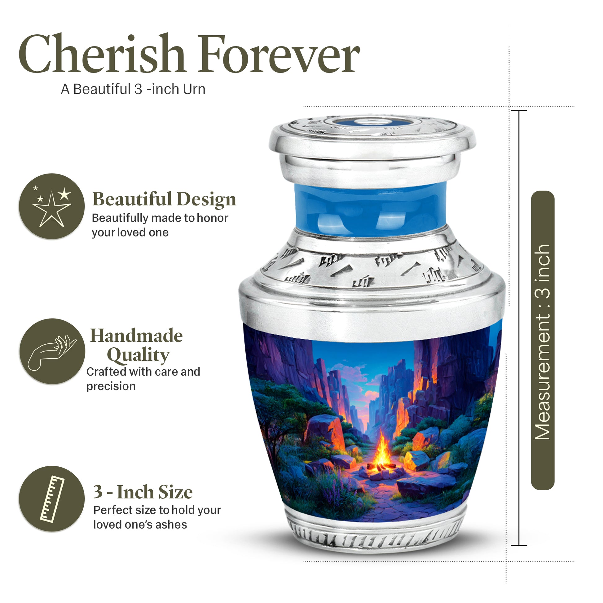 Azure Campfire Cremation Urn top-down view of secure threaded lid - contemporary campfire design with modern artistic flair - mini keepsake memorial for portion of cremation ashes