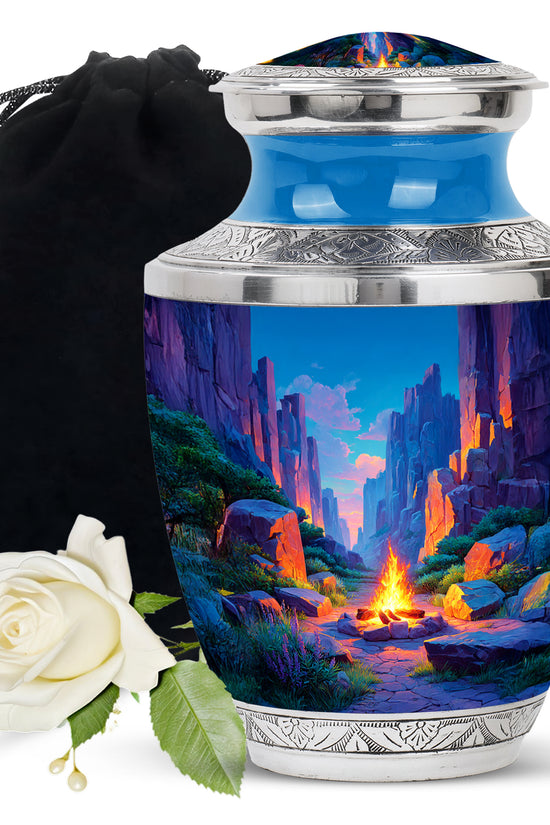 Vivid Blue Campfire Cremation Urn side profile showing urn shape - artistic campfire interpretation with creative detail - full-size 10 inch 200 cubic inch adult cremation urn