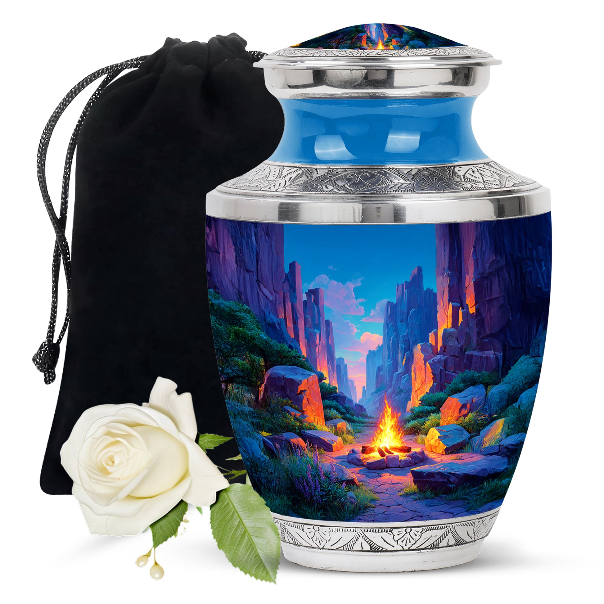 Vivid Blue Campfire Cremation Urn side profile showing urn shape - artistic campfire interpretation with creative detail - full-size 10 inch 200 cubic inch adult cremation urn