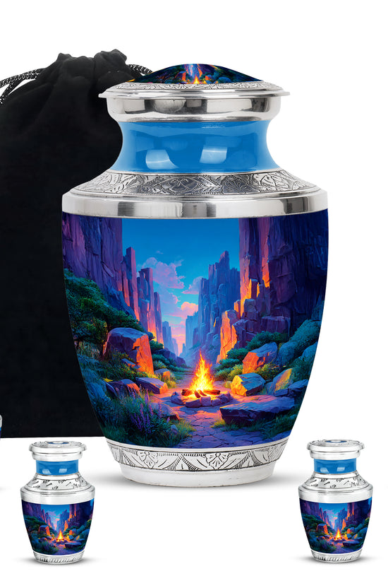 Navy Blue Campfire Cremation Urn lifestyle display on memorial shelf - modern art-inspired campfire motif on sleek aluminum - memorial set with one large and four small urns