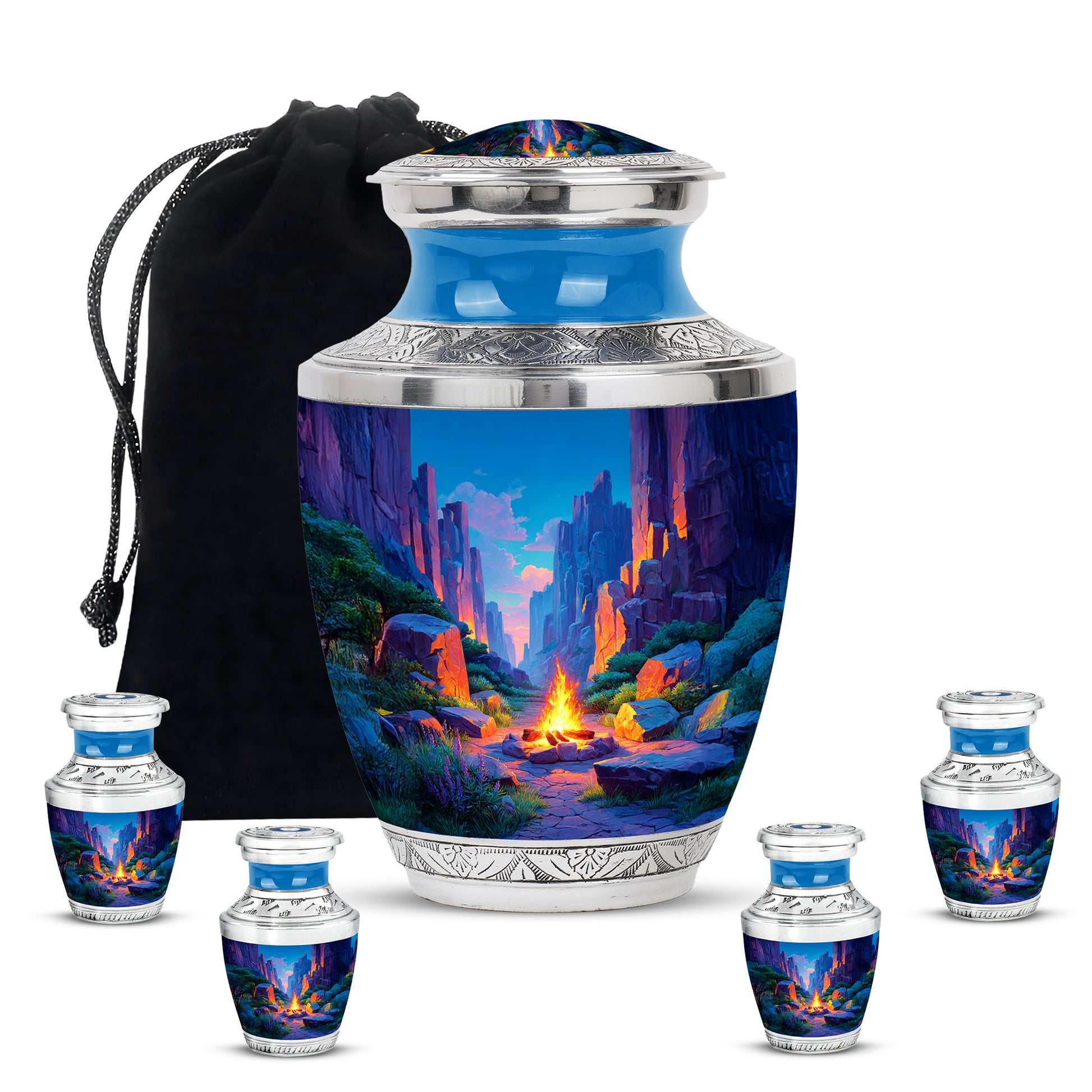 Navy Blue Campfire Cremation Urn lifestyle display on memorial shelf - modern art-inspired campfire motif on sleek aluminum - memorial set with one large and four small urns