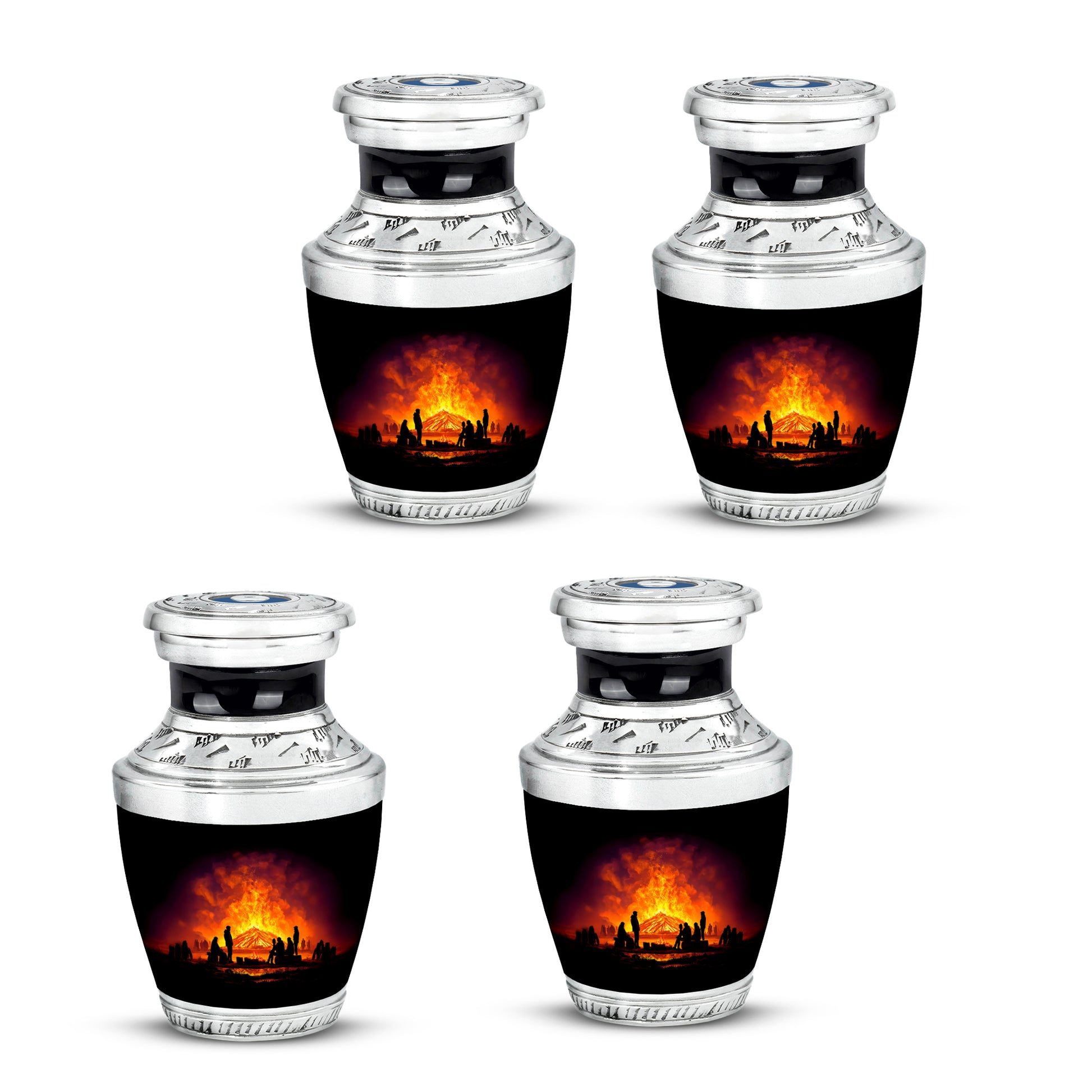 Obsidian Black Campfire Cremation Urn back view with polished surface - artistic campfire interpretation with creative detail - 10 inch aluminum urn for cremated remains