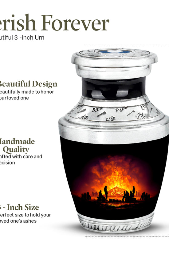 Dark Black Campfire Cremation Urn top-down view of secure threaded lid - stylized abstract campfire pattern with bold lines - mini keepsake memorial for portion of cremation ashes