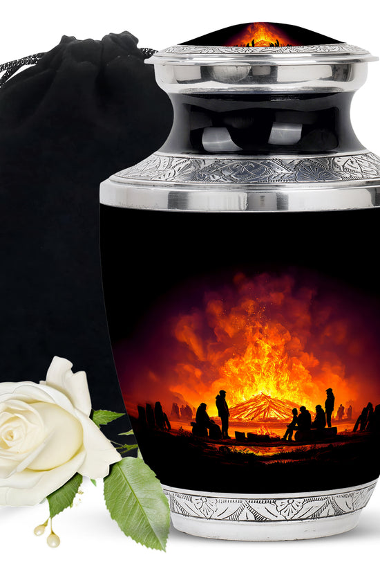 Deep Black Campfire Cremation Urn side profile showing urn shape - modern art-inspired campfire motif on sleek aluminum - full-size 10 inch 200 cubic inch adult cremation urn