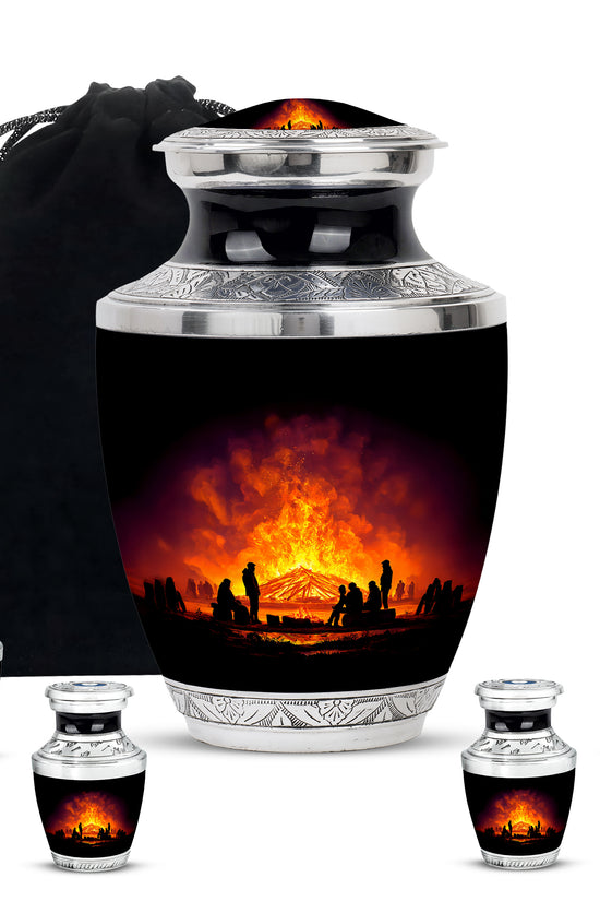Charcoal Black Campfire Cremation Urn lifestyle display on memorial shelf - stylized abstract campfire pattern with bold lines - memorial set with one large and four small urns