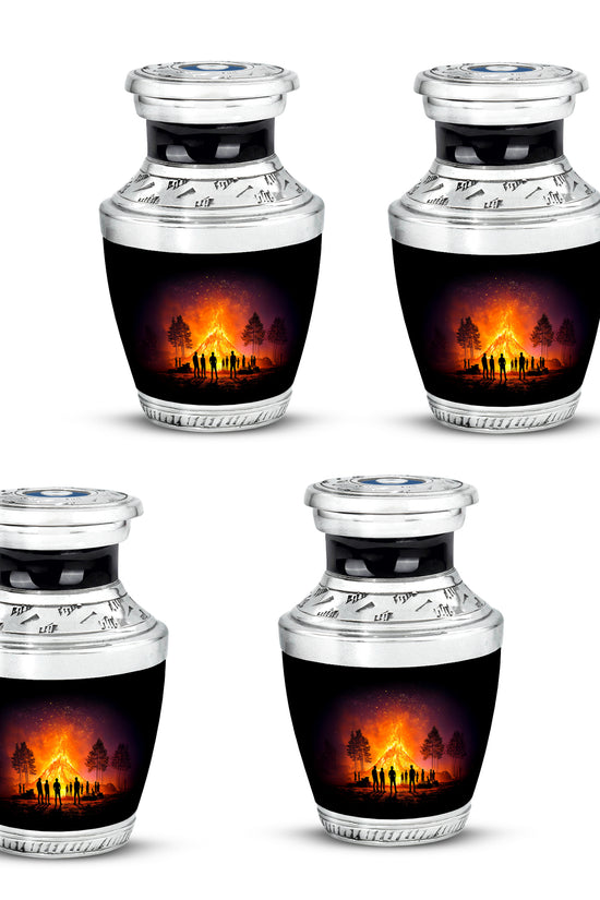 Onyx Black Campfire Cremation Urn back view with polished surface - artistic campfire interpretation with creative detail - 10 inch aluminum urn for cremated remains