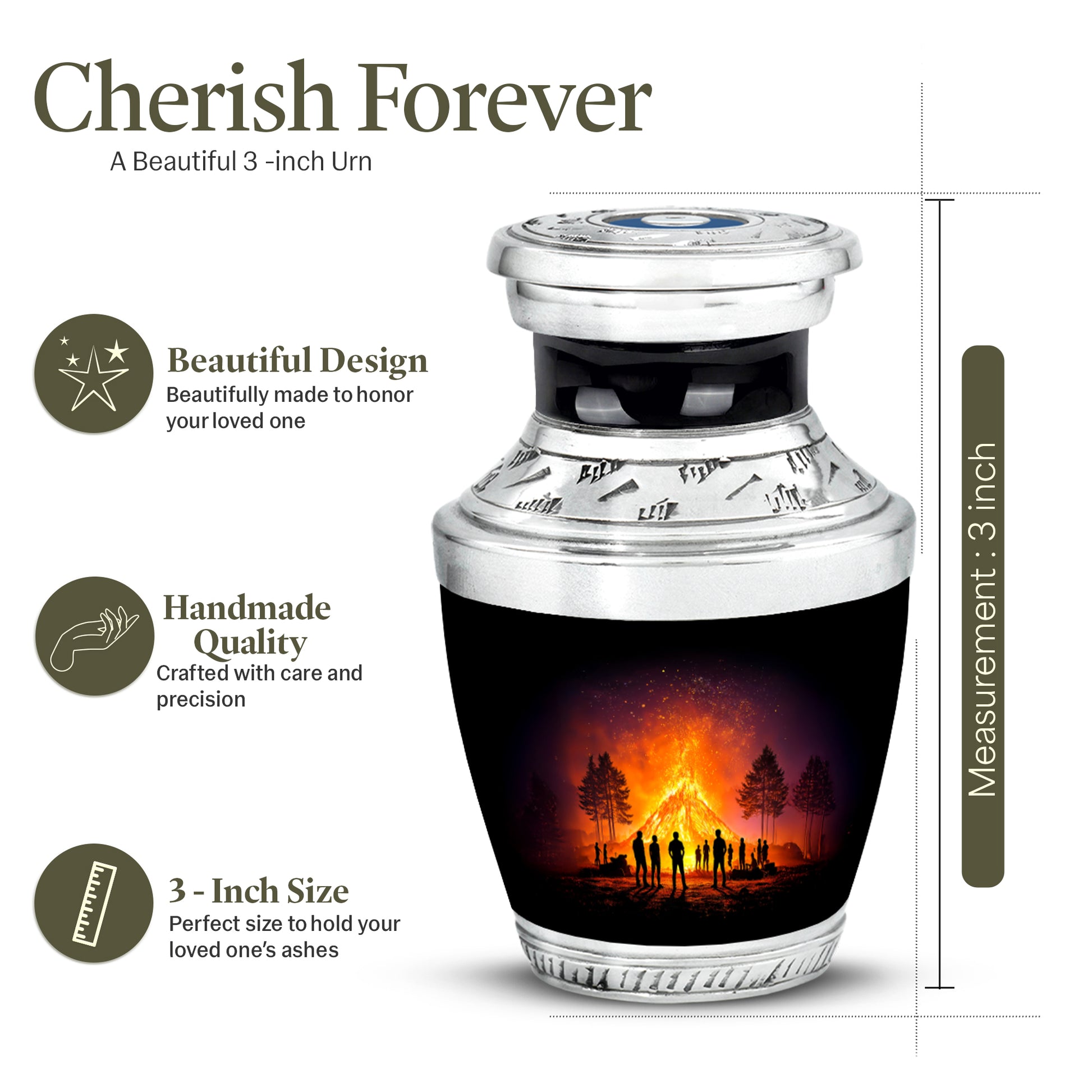 Ebony Campfire Cremation Urn top-down view of secure threaded lid - contemporary campfire design with modern artistic flair - mini keepsake memorial for portion of cremation ashes