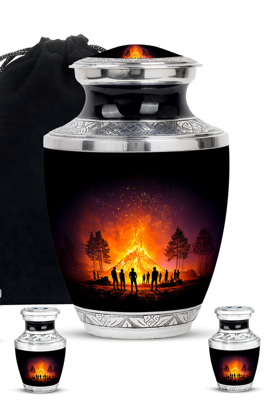Obsidian Black Campfire Cremation Urn lifestyle display on memorial shelf - stylized abstract campfire pattern with bold lines - memorial set with one large and four small urns