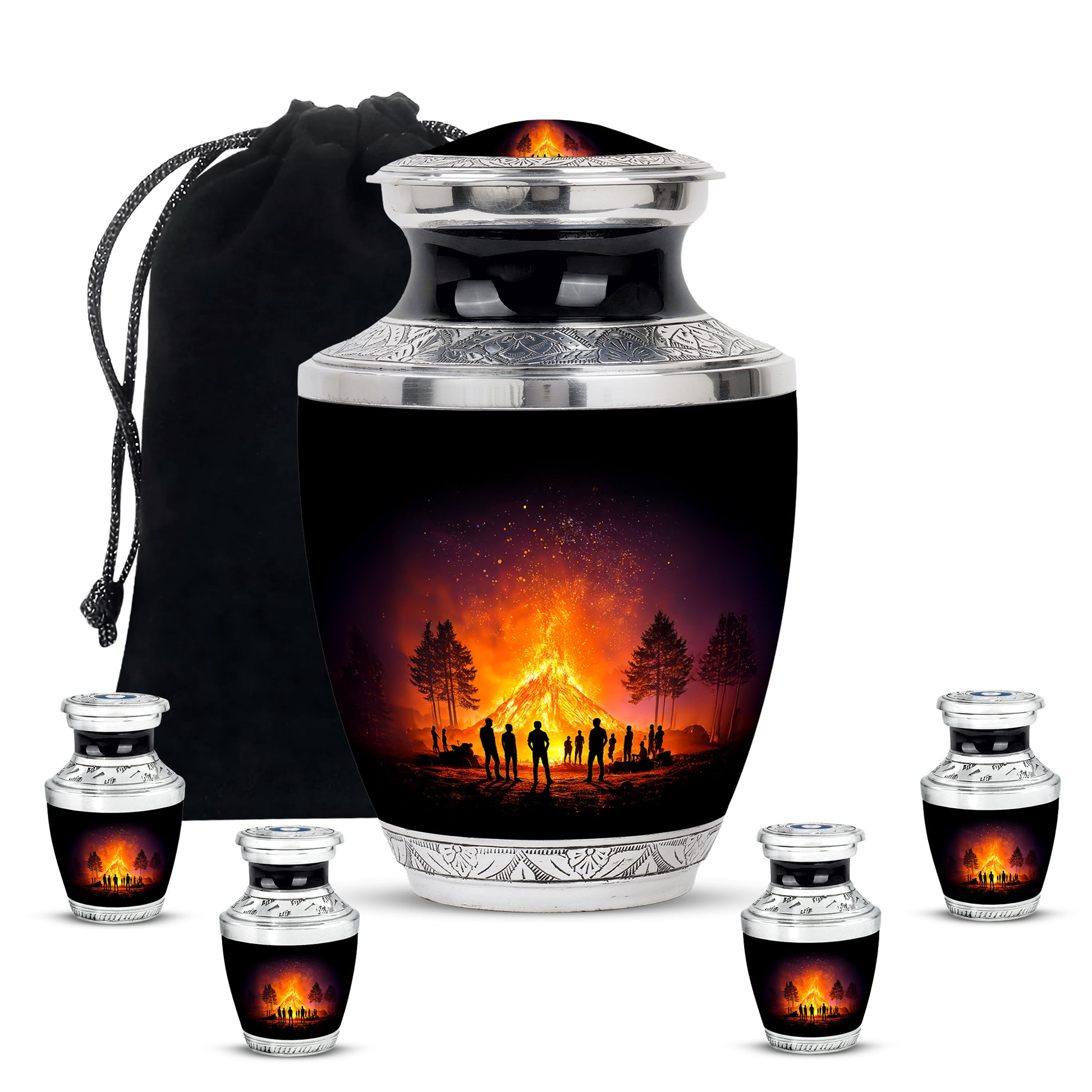Obsidian Black Campfire Cremation Urn lifestyle display on memorial shelf - stylized abstract campfire pattern with bold lines - memorial set with one large and four small urns