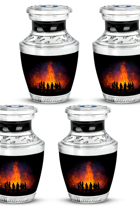 Obsidian Black Campfire Cremation Urn back view with polished surface - stylized abstract campfire pattern with bold lines - 10 inch aluminum urn for cremated remains