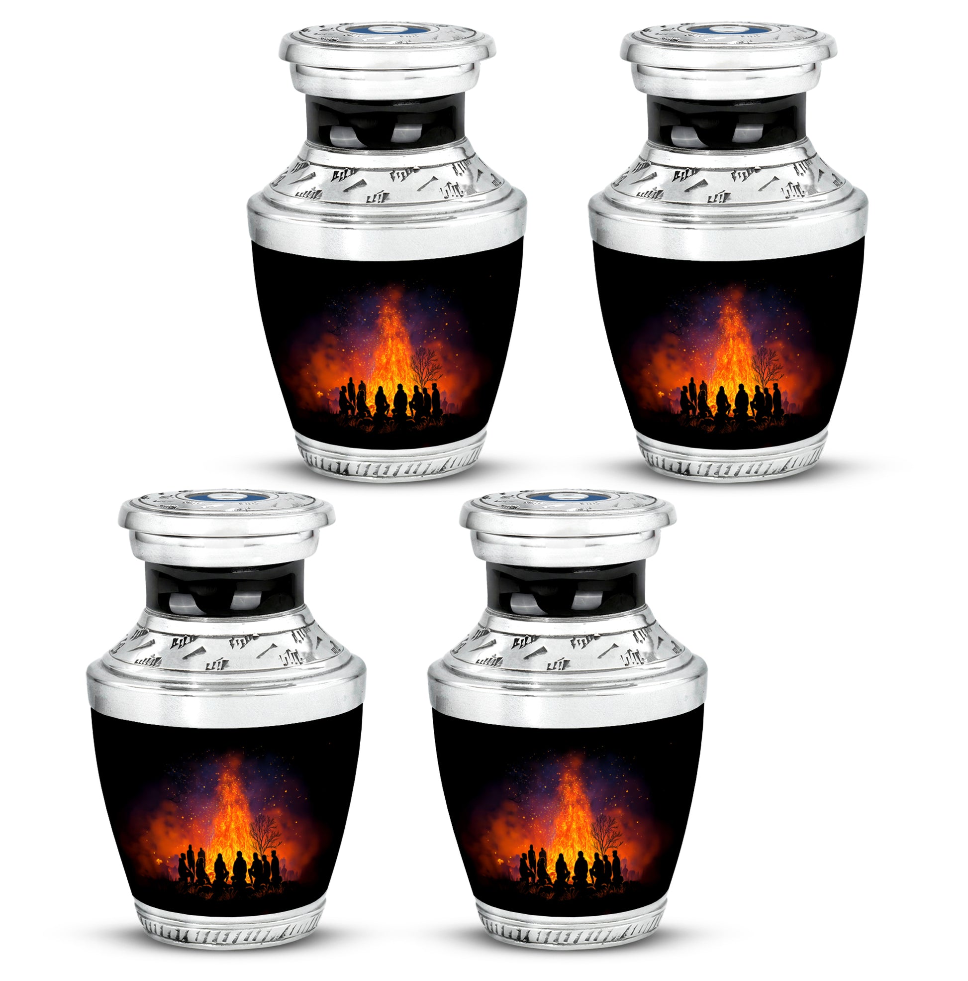 Obsidian Black Campfire Cremation Urn back view with polished surface - stylized abstract campfire pattern with bold lines - 10 inch aluminum urn for cremated remains
