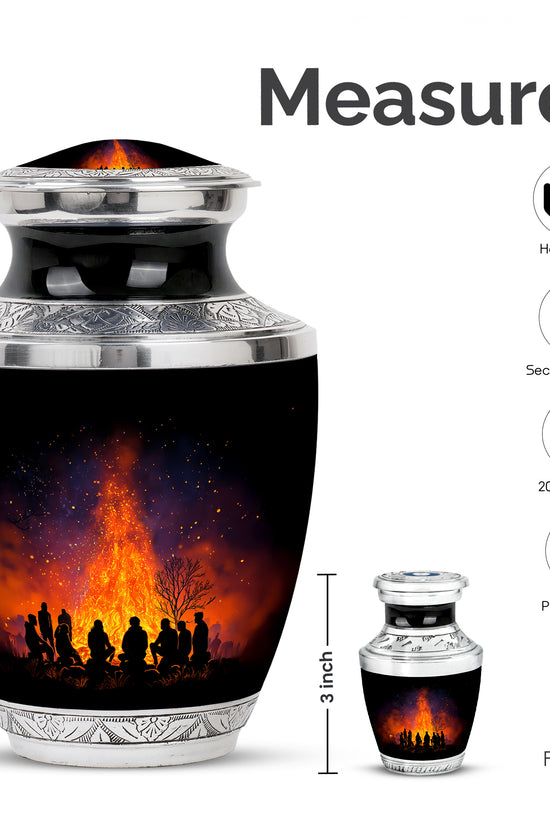 Obsidian Black Campfire Cremation Urn top-down view of secure threaded lid - artistic campfire interpretation with creative detail - mini keepsake memorial for portion of cremation ashes