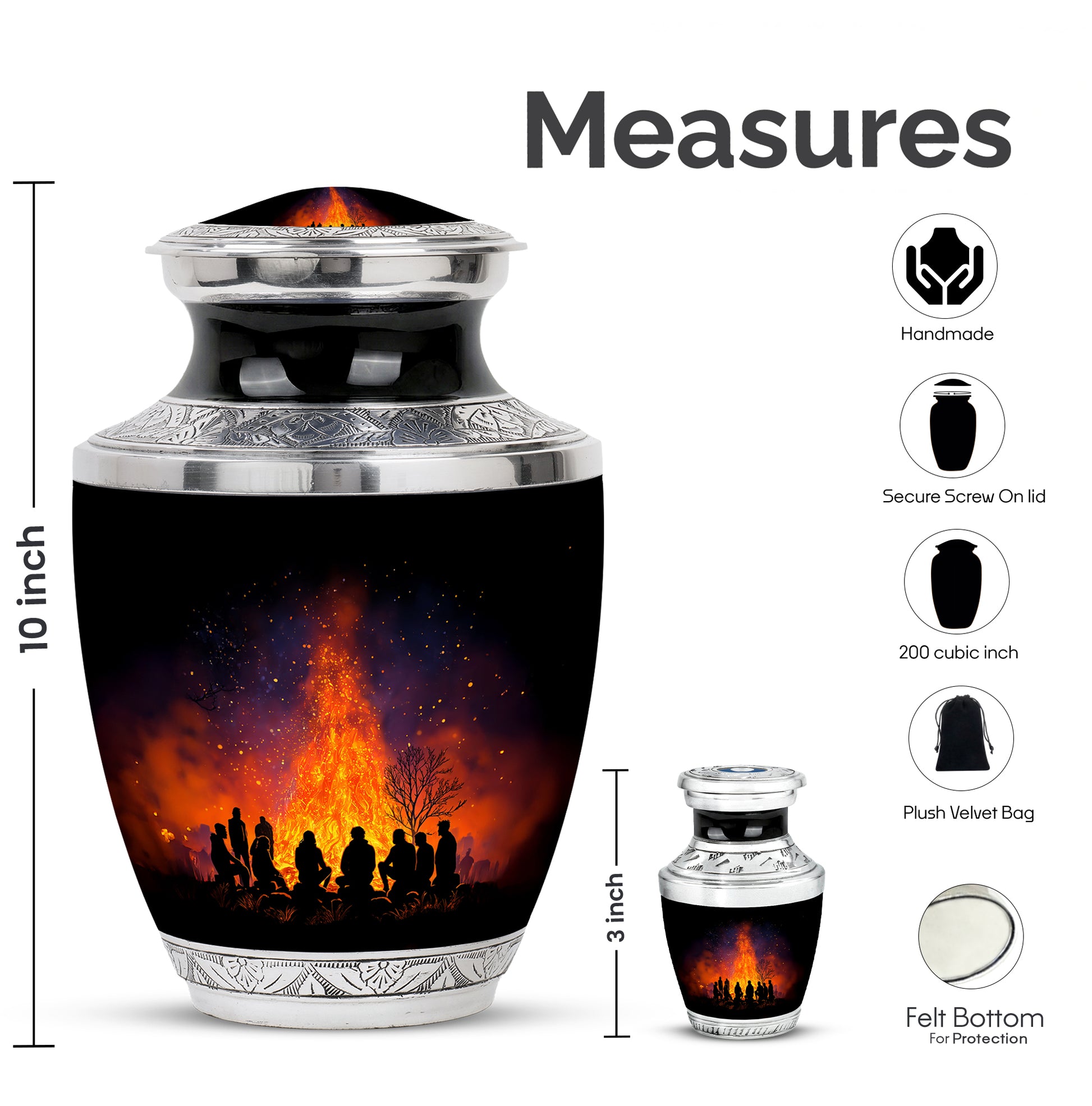 Obsidian Black Campfire Cremation Urn top-down view of secure threaded lid - artistic campfire interpretation with creative detail - mini keepsake memorial for portion of cremation ashes