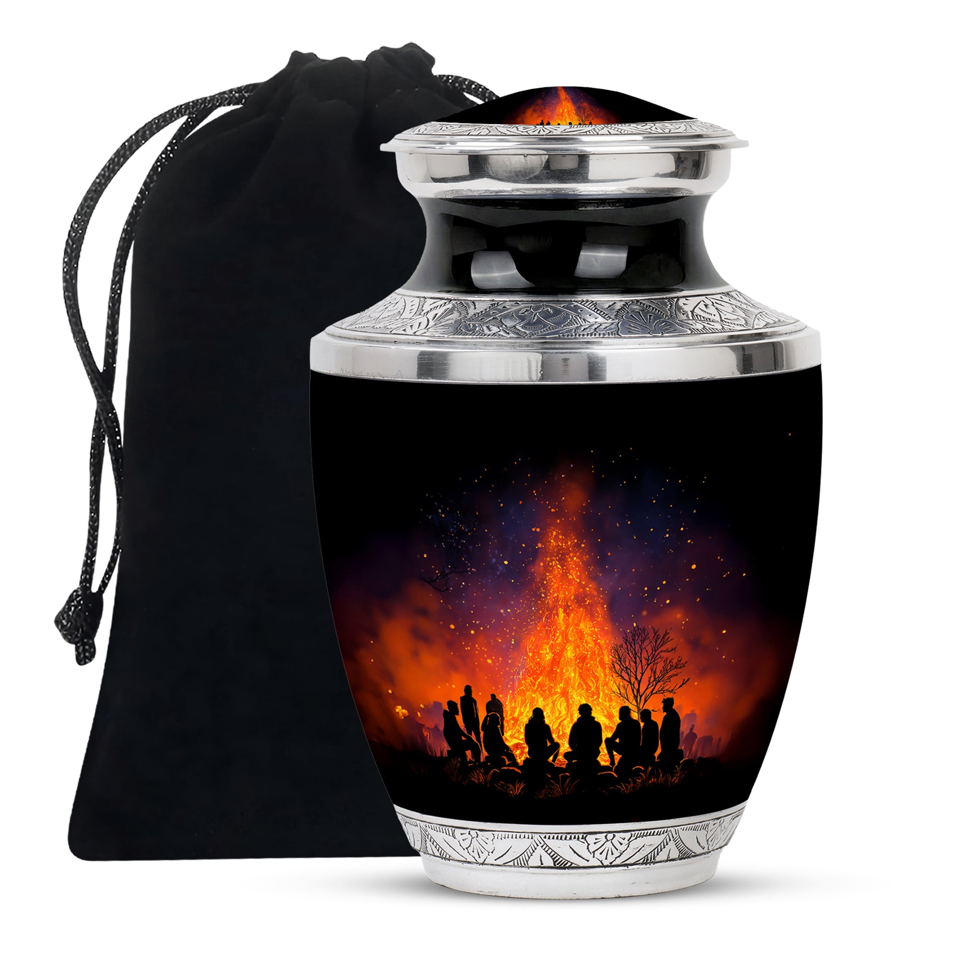 Deep Black Campfire Cremation Urn side profile showing urn shape - contemporary campfire design with modern artistic flair - full-size 10 inch 200 cubic inch adult cremation urn