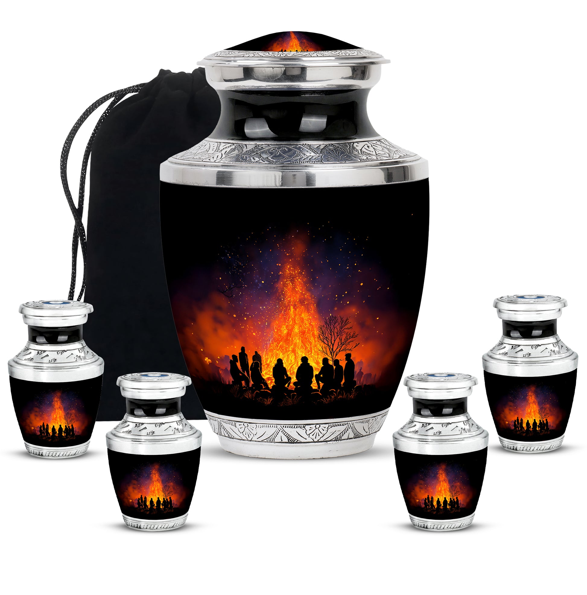 Deep Black Campfire Cremation Urn lifestyle display on memorial shelf - modern art-inspired campfire motif on sleek aluminum - memorial set with one large and four small urns
