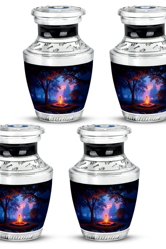 Jet Black Campfire Cremation Urn back view with polished surface - contemporary campfire design with modern artistic flair - 10 inch aluminum urn for cremated remains
