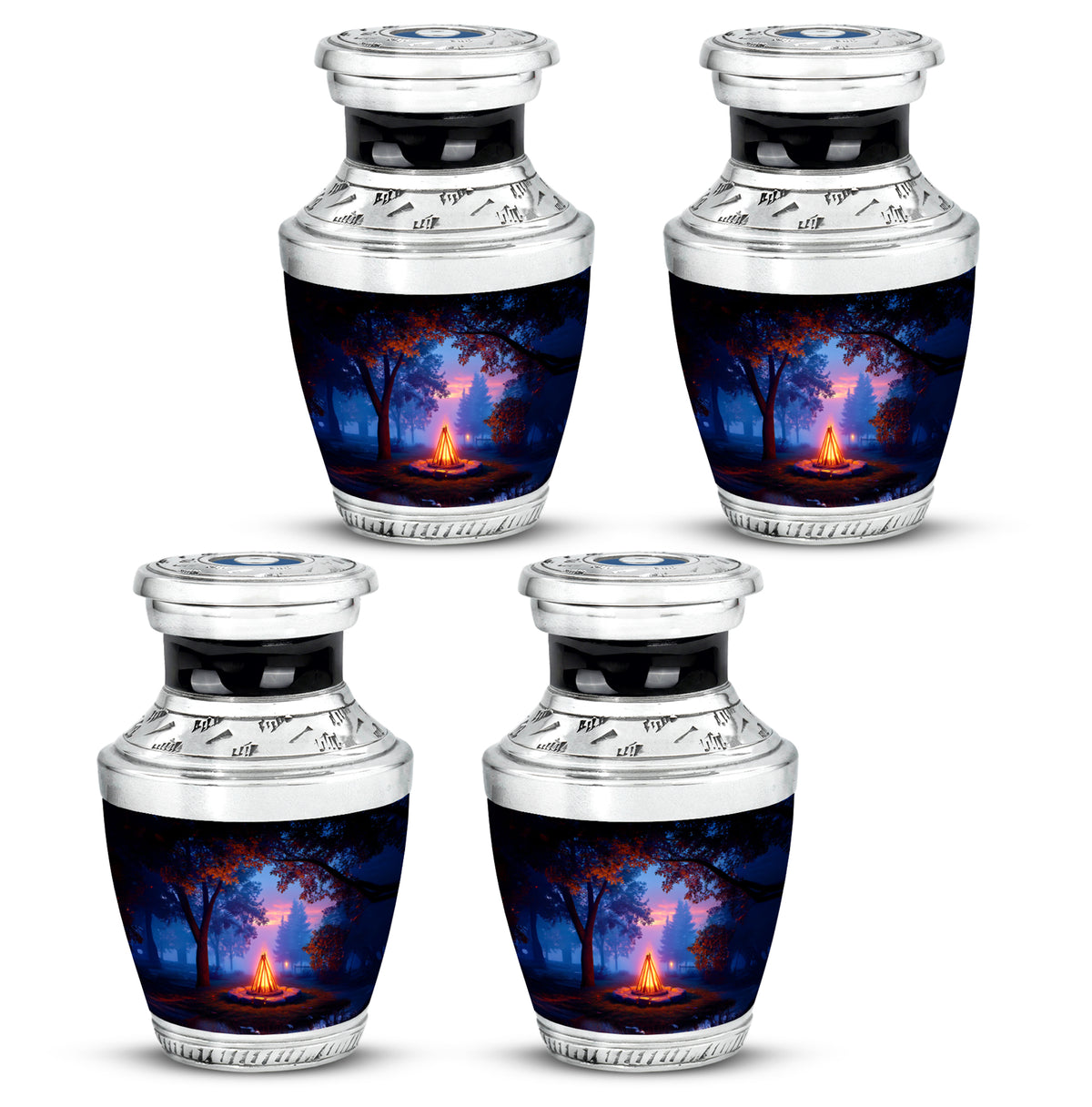 Jet Black Campfire Cremation Urn back view with polished surface - contemporary campfire design with modern artistic flair - 10 inch aluminum urn for cremated remains