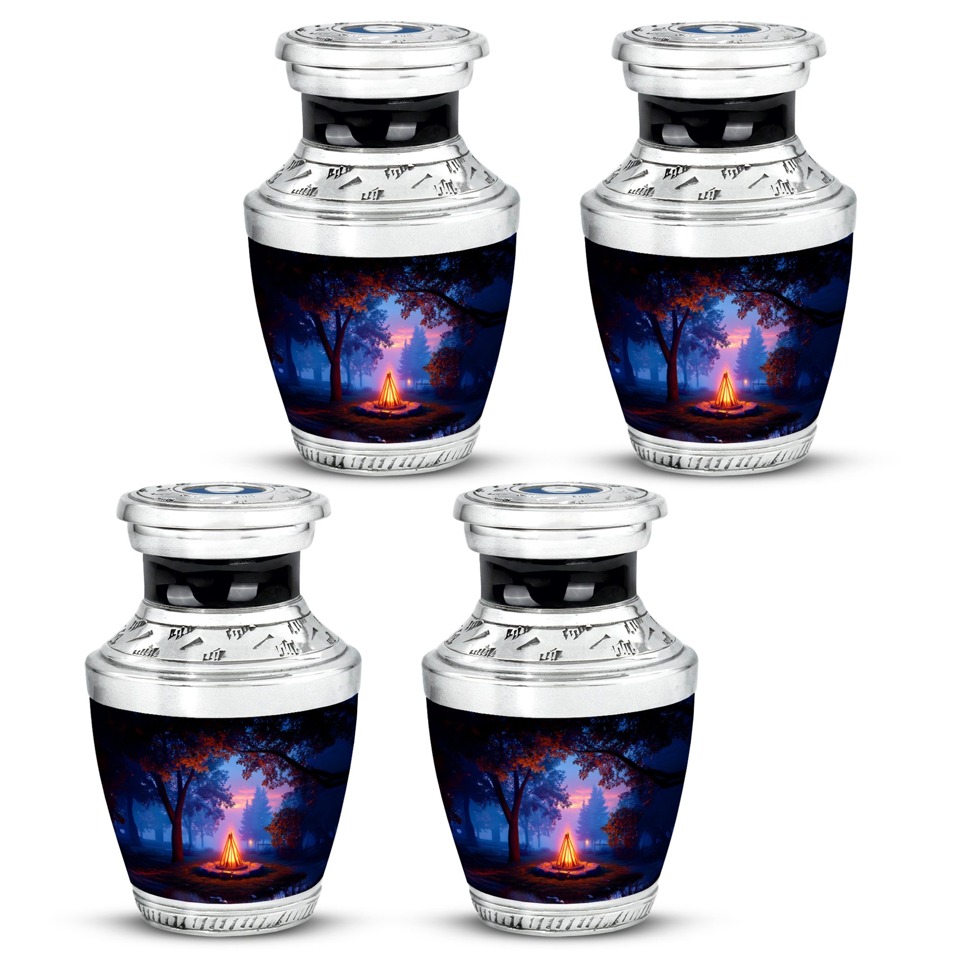 Jet Black Campfire Cremation Urn back view with polished surface - contemporary campfire design with modern artistic flair - 10 inch aluminum urn for cremated remains