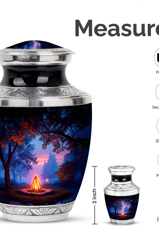 Onyx Black Campfire Cremation Urn top-down view of secure threaded lid - stylized abstract campfire pattern with bold lines - mini keepsake memorial for portion of cremation ashes