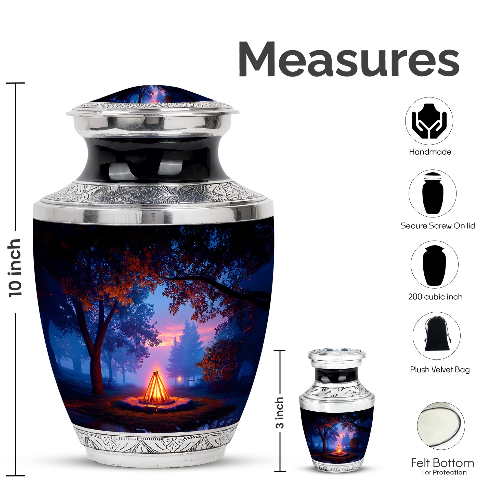 Onyx Black Campfire Cremation Urn top-down view of secure threaded lid - stylized abstract campfire pattern with bold lines - mini keepsake memorial for portion of cremation ashes