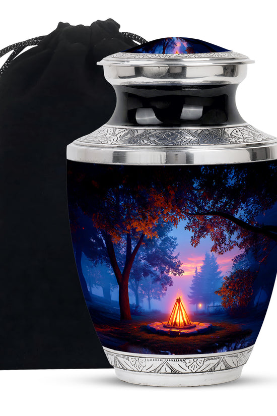 Dark Black Campfire Cremation Urn side profile showing urn shape - stylized abstract campfire pattern with bold lines - full-size 10 inch 200 cubic inch adult cremation urn
