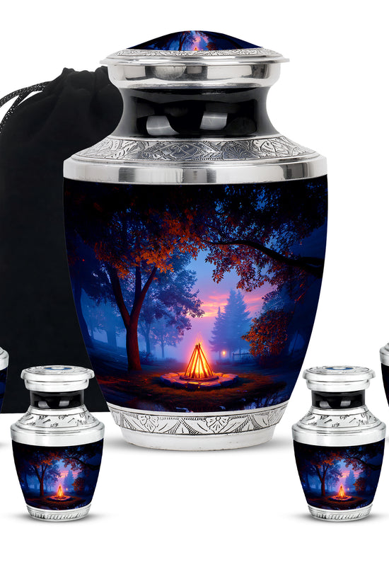 Onyx Black Campfire Cremation Urn lifestyle display on memorial shelf - artistic campfire interpretation with creative detail - memorial set with one large and four small urns