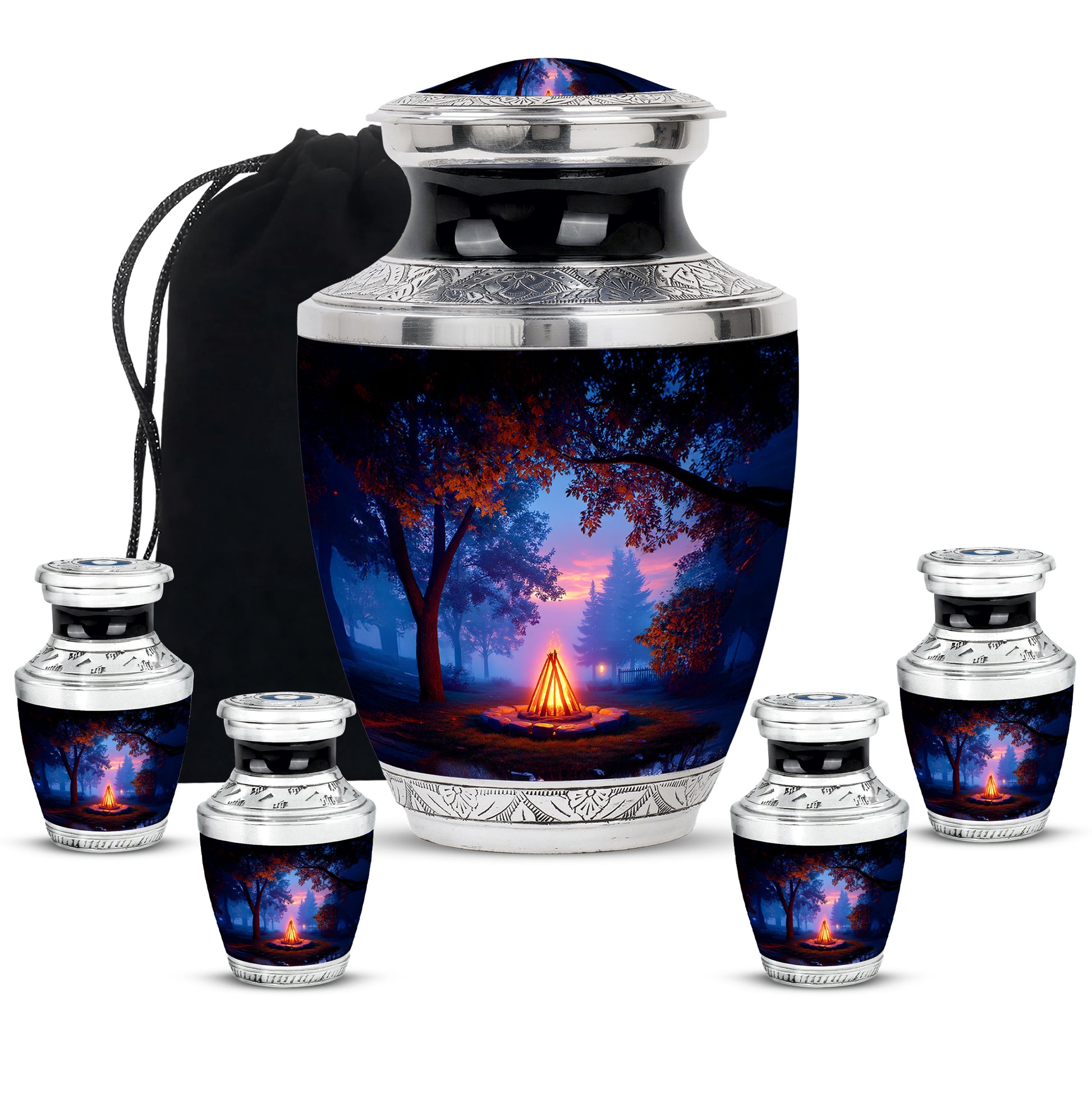 Onyx Black Campfire Cremation Urn lifestyle display on memorial shelf - artistic campfire interpretation with creative detail - memorial set with one large and four small urns