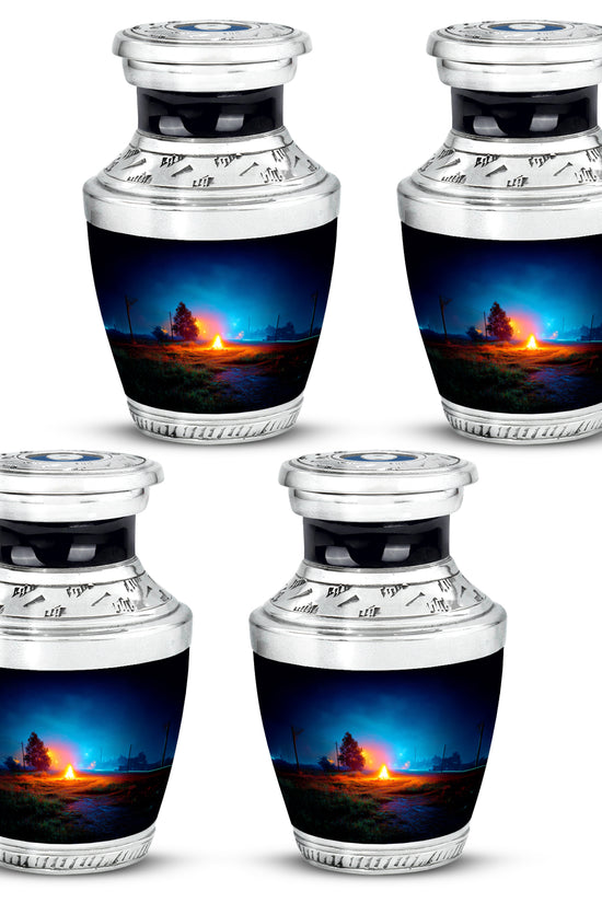 Powder Blue Campfire Cremation Urn back view with polished surface - modern art-inspired campfire motif on sleek aluminum - 10 inch aluminum urn for cremated remains