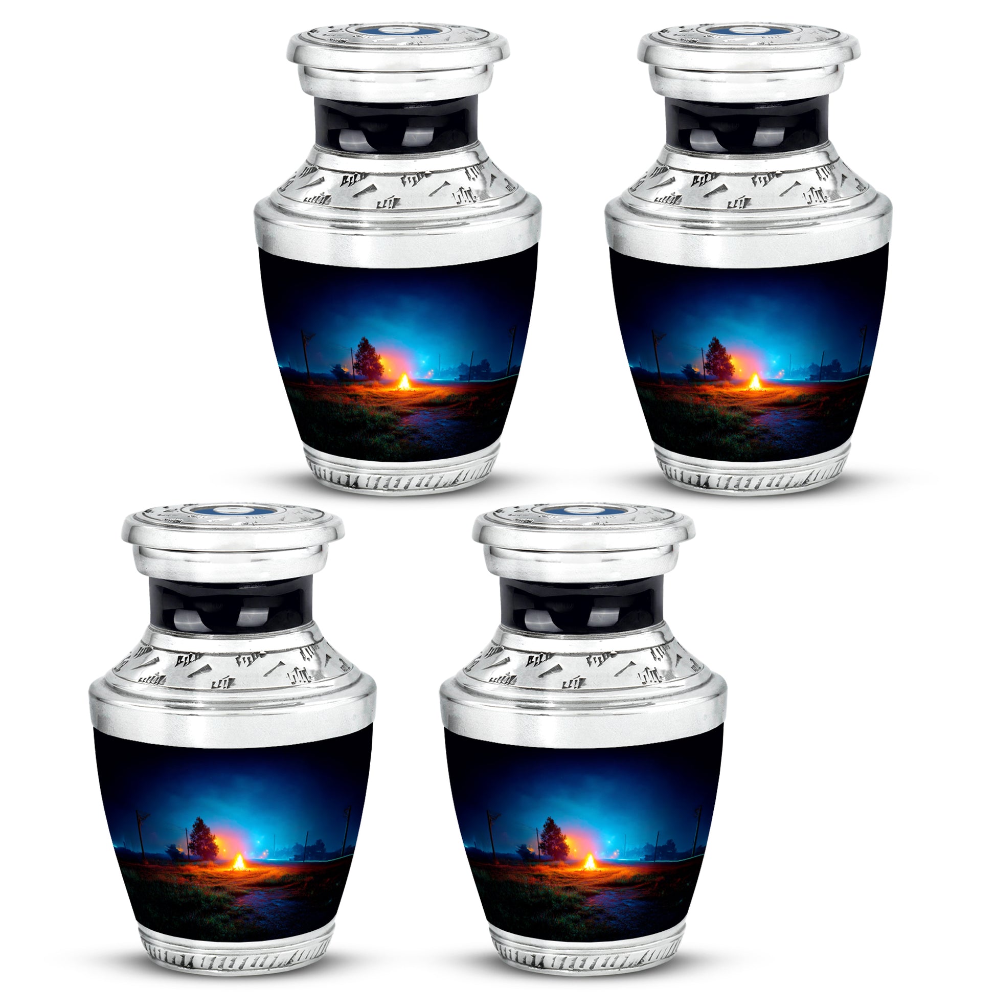 Powder Blue Campfire Cremation Urn back view with polished surface - modern art-inspired campfire motif on sleek aluminum - 10 inch aluminum urn for cremated remains