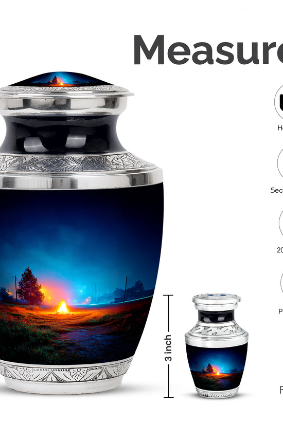 Misty Blue Campfire Cremation Urn top-down view of secure threaded lid - contemporary campfire design with modern artistic flair - mini keepsake memorial for portion of cremation ashes