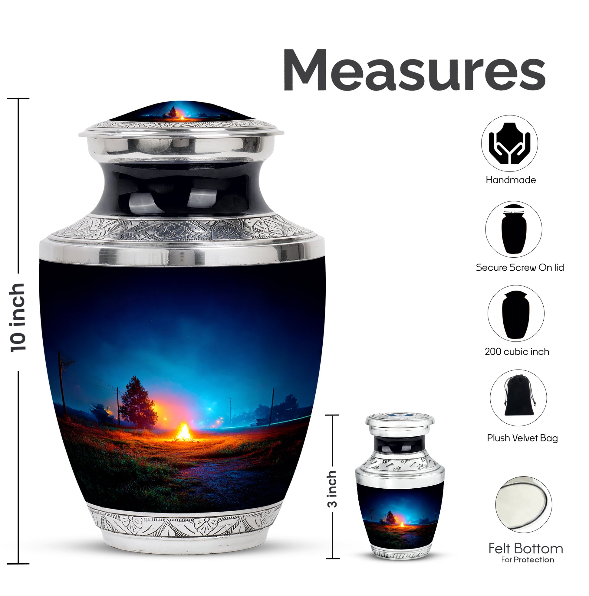 Misty Blue Campfire Cremation Urn top-down view of secure threaded lid - contemporary campfire design with modern artistic flair - mini keepsake memorial for portion of cremation ashes