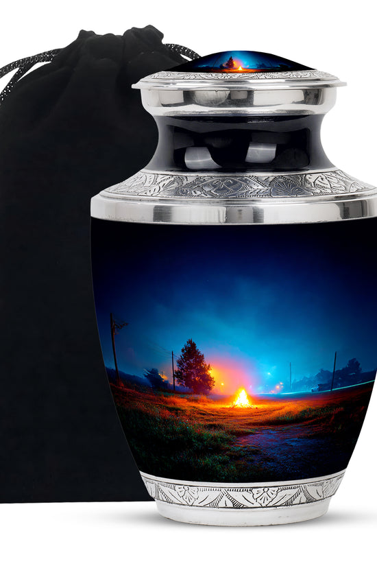 Sapphire Blue Campfire Cremation Urn side profile showing urn shape - stylized abstract campfire pattern with bold lines - full-size 10 inch 200 cubic inch adult cremation urn