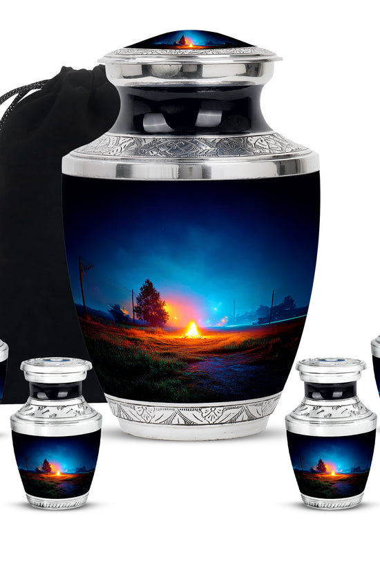 Serene Blue Campfire Cremation Urn lifestyle display on memorial shelf - stylized abstract campfire pattern with bold lines - memorial set with one large and four small urns