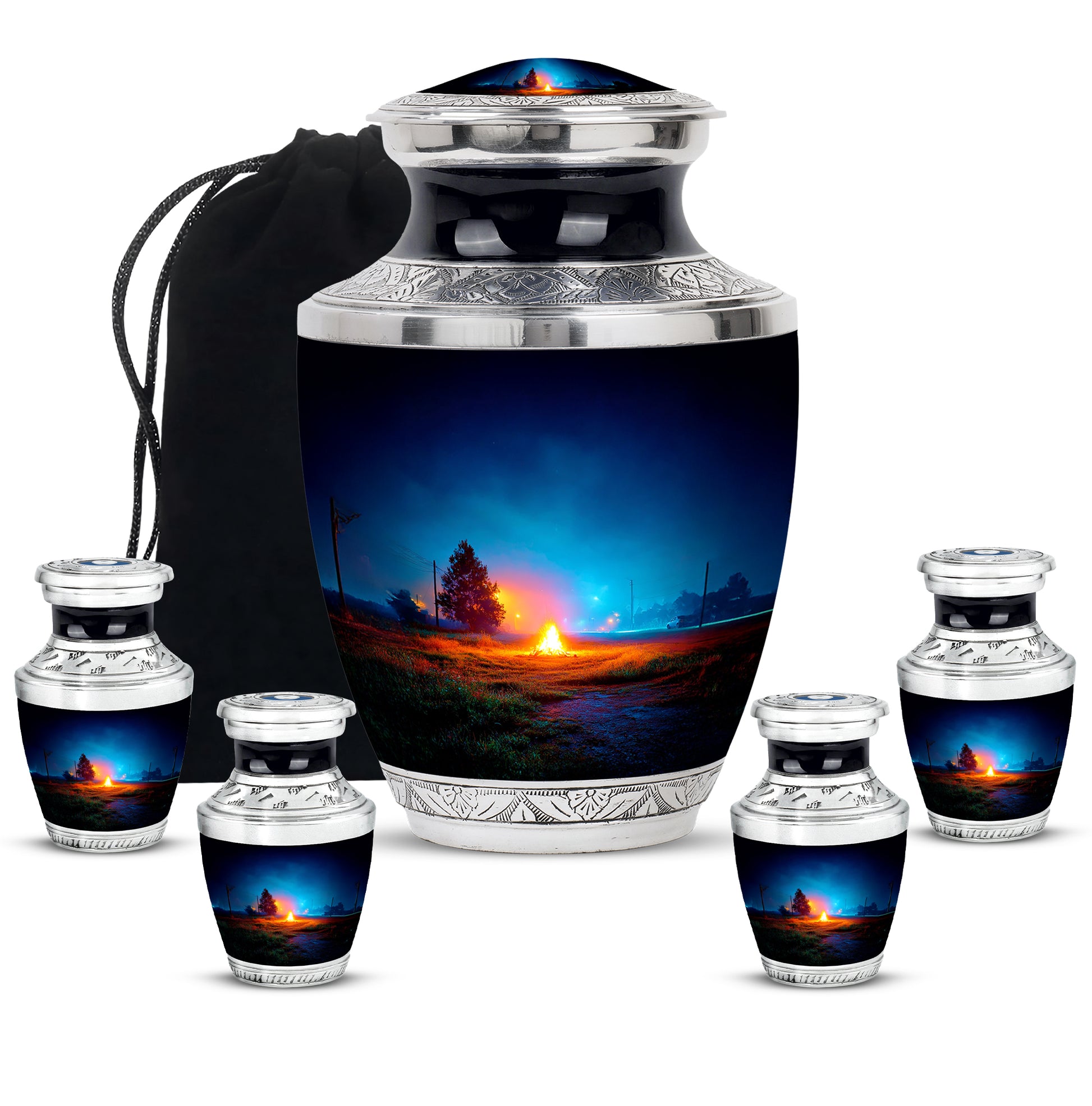 Serene Blue Campfire Cremation Urn lifestyle display on memorial shelf - stylized abstract campfire pattern with bold lines - memorial set with one large and four small urns