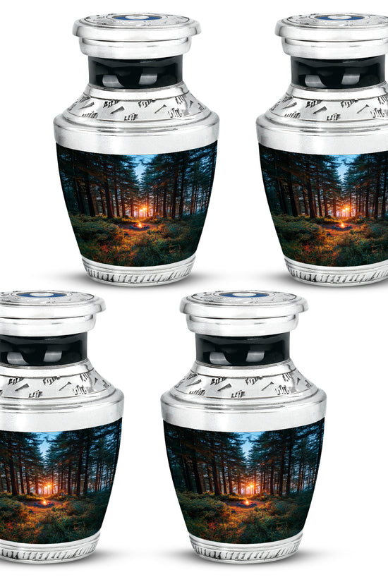 Cornflower Blue Campfire Cremation Urn back view with polished surface - stylized abstract campfire pattern with bold lines - 10 inch aluminum urn for cremated remains