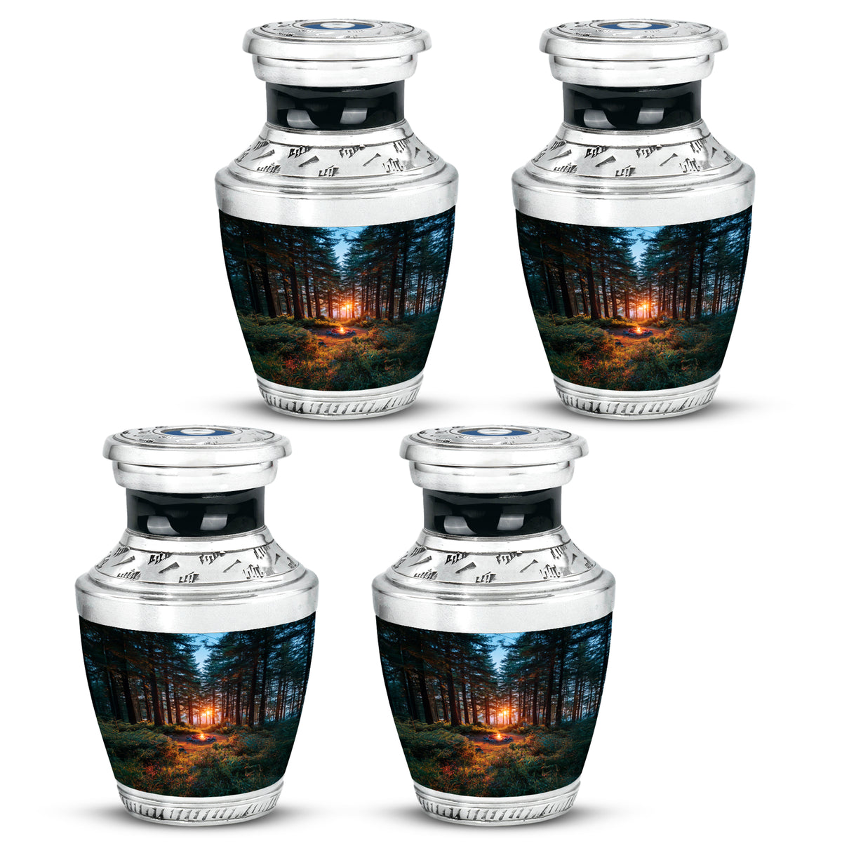 Cornflower Blue Campfire Cremation Urn back view with polished surface - stylized abstract campfire pattern with bold lines - 10 inch aluminum urn for cremated remains