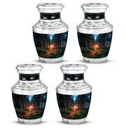 Cornflower Blue Campfire Cremation Urn back view with polished surface - stylized abstract campfire pattern with bold lines - 10 inch aluminum urn for cremated remains