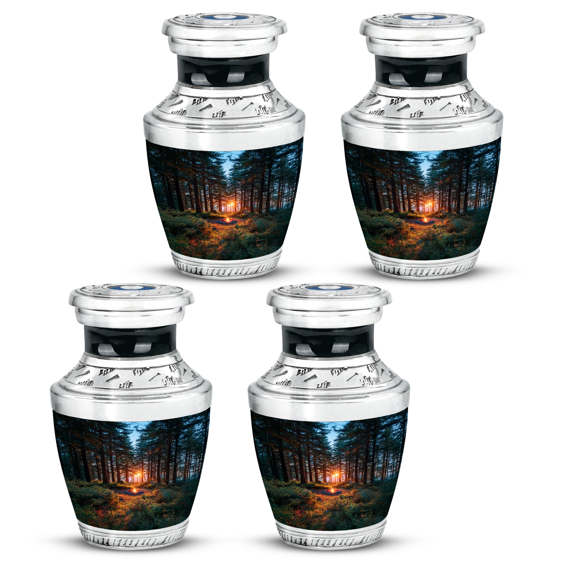 Cornflower Blue Campfire Cremation Urn back view with polished surface - stylized abstract campfire pattern with bold lines - 10 inch aluminum urn for cremated remains