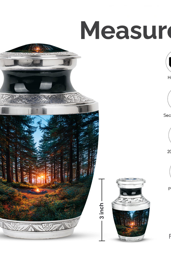 Cobalt Blue Campfire Cremation Urn top-down view of secure threaded lid - stylized abstract campfire pattern with bold lines - mini keepsake memorial for portion of cremation ashes