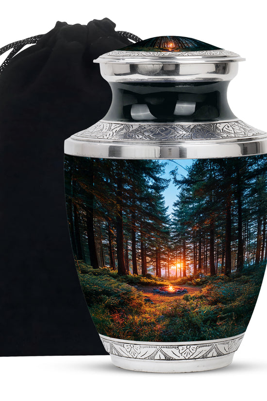 Vivid Blue Campfire Cremation Urn side profile showing urn shape - stylized abstract campfire pattern with bold lines - full-size 10 inch 200 cubic inch adult cremation urn