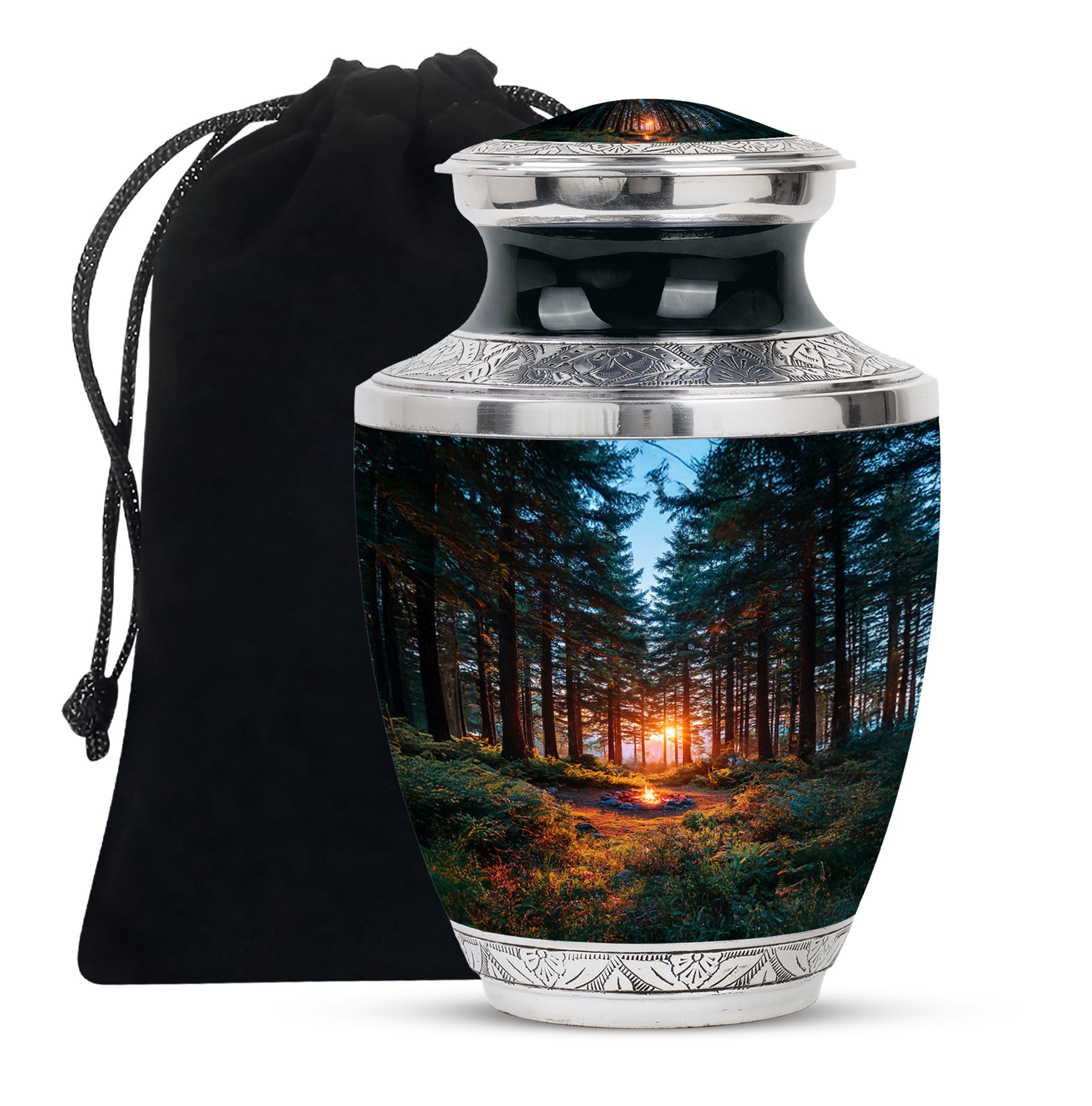 Vivid Blue Campfire Cremation Urn side profile showing urn shape - stylized abstract campfire pattern with bold lines - full-size 10 inch 200 cubic inch adult cremation urn