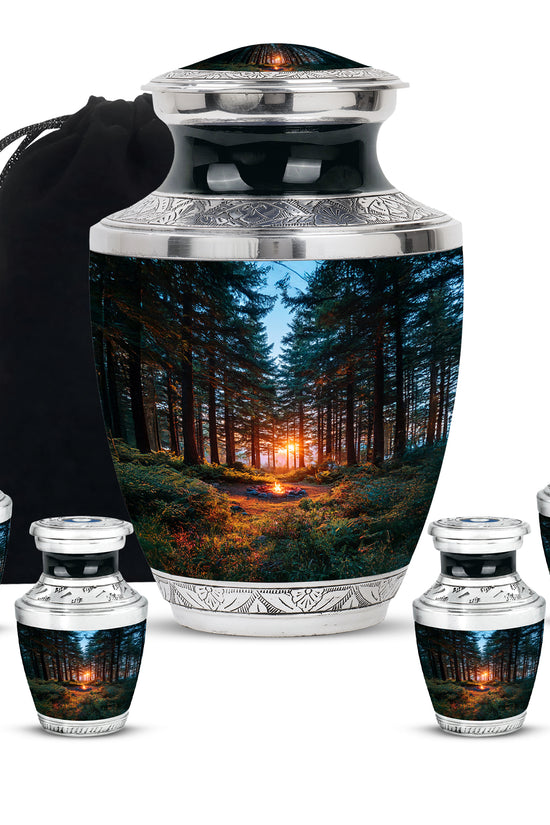 Misty Blue Campfire Cremation Urn lifestyle display on memorial shelf - contemporary campfire design with modern artistic flair - memorial set with one large and four small urns