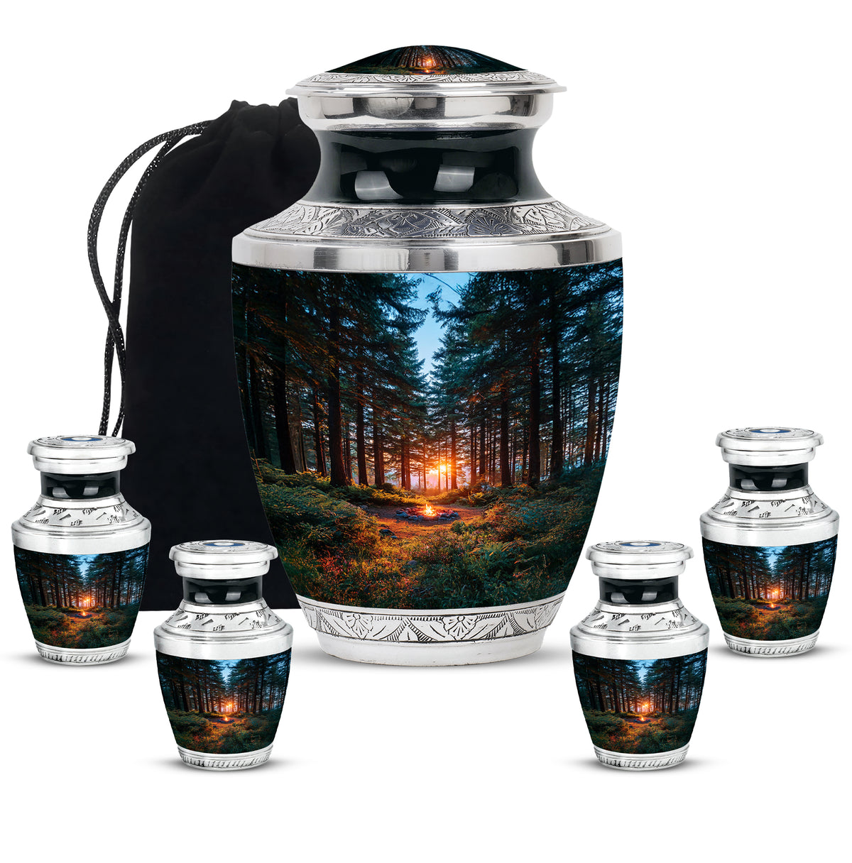 Misty Blue Campfire Cremation Urn lifestyle display on memorial shelf - contemporary campfire design with modern artistic flair - memorial set with one large and four small urns