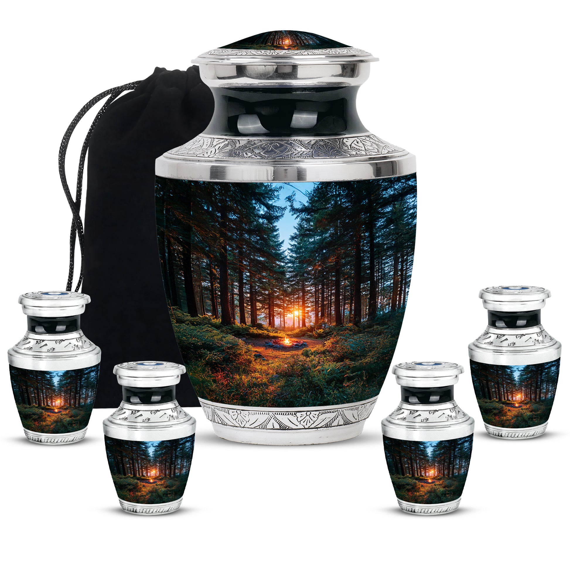 Misty Blue Campfire Cremation Urn lifestyle display on memorial shelf - contemporary campfire design with modern artistic flair - memorial set with one large and four small urns