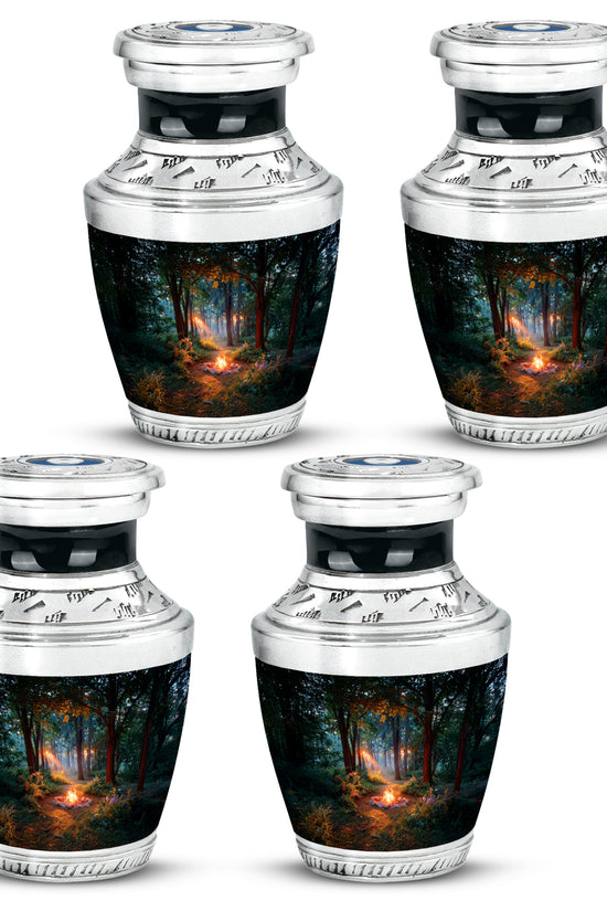 Dark Black Campfire Cremation Urn back view with polished surface - stylized abstract campfire pattern with bold lines - 10 inch aluminum urn for cremated remains