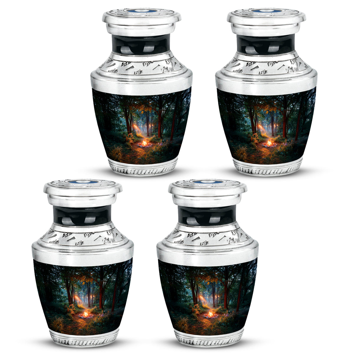 Dark Black Campfire Cremation Urn back view with polished surface - stylized abstract campfire pattern with bold lines - 10 inch aluminum urn for cremated remains